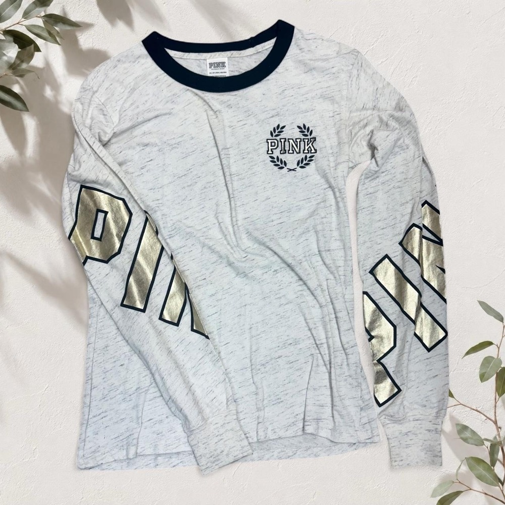 Victoria's Secret PINK Y2K Gray Long Sleeve Shirt Gold Sequin Logo
